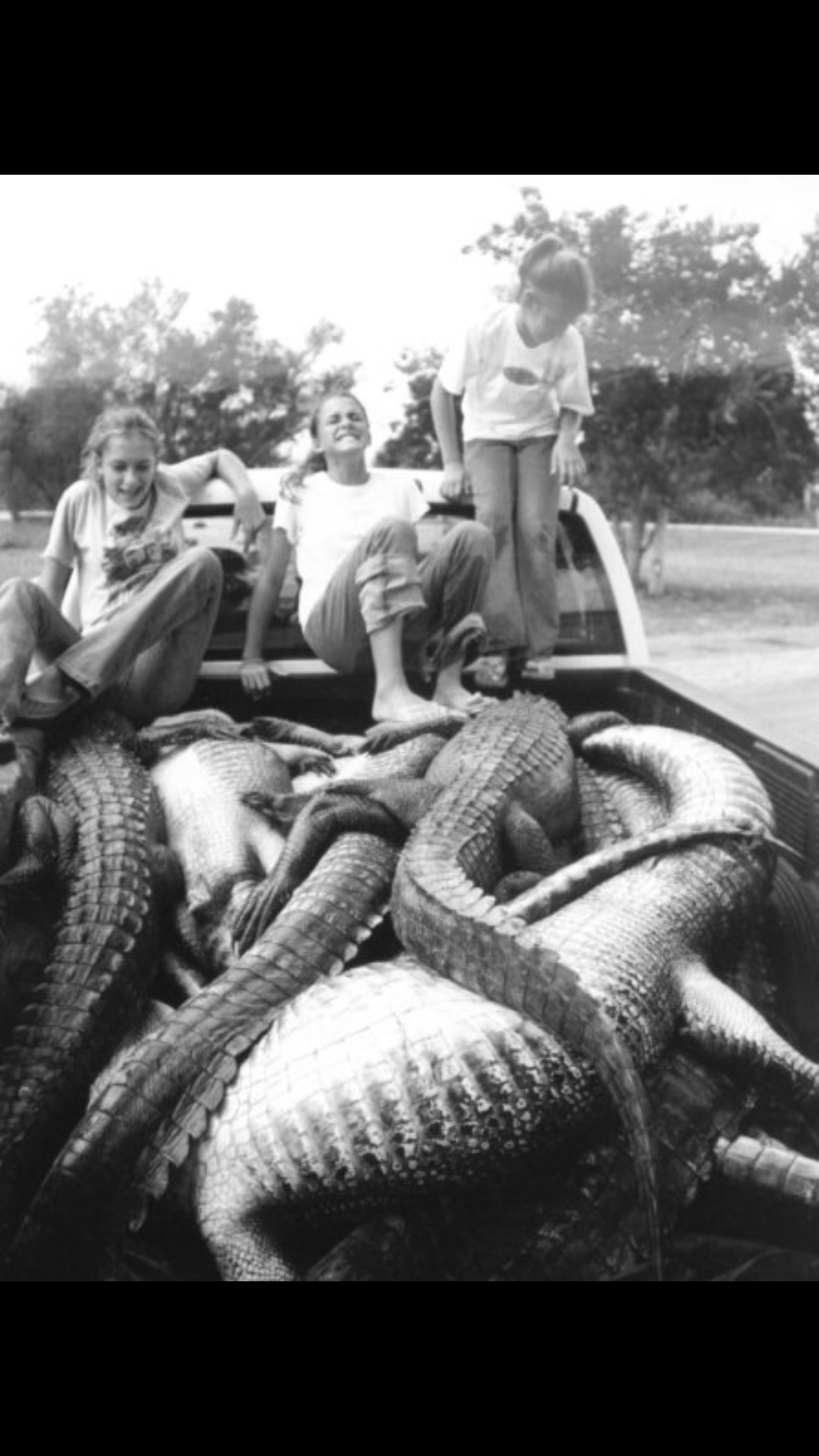 Anna, Abigail and a brother on a truck bed full of alligators